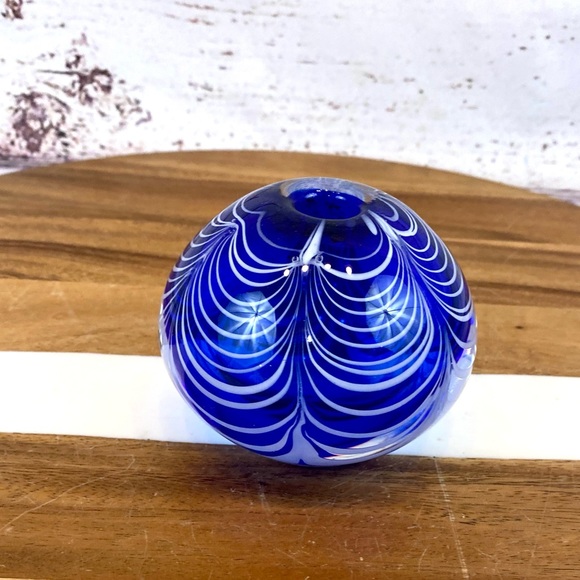 Murano Accents Vintage Murano Round Glass Paperweight Vase Blue